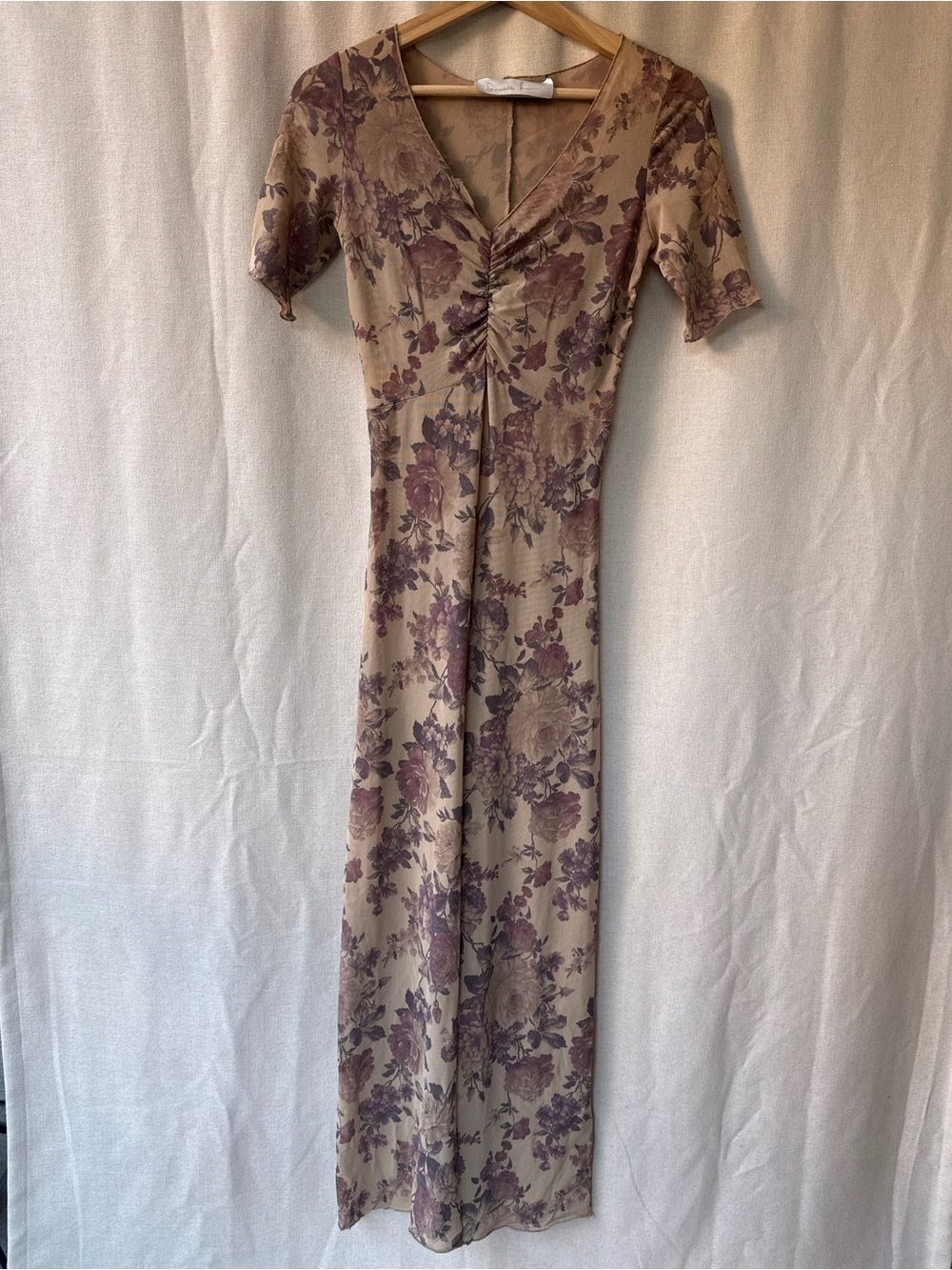 Vintage Taupe Maxi Dress with Mauve Floral Print